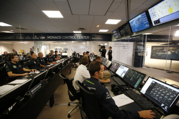 (From L) Deniz Borschberg, the son of the Swiss pilot flying the Solar Impulse 2, Bertrand Piccard, the initiator, chairman and one of the pilots of Solar Impulse 2 and Solar Impulse mission director Raymond Clerc sit at the Mission Control Center for the Solar Impulse flight in Monaco on June 1, 2015, as the Solar Impulse 2 makes its landing in Japan. The record-breaking Solar Impulse 2 flown by Swiss pilot Andre Borschberg landed safely in Nagoya, Japan on June 1, on an unscheduled stop caused by bad weather over the Pacific. AFP PHOTO / VALERY HACHE (Photo credit should read VALERY HACHE/AFP/Getty Images)